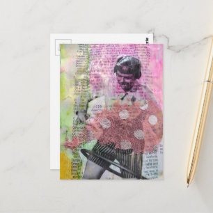 Retro Hula Hoop Dance Mixed Media Collage Postcard