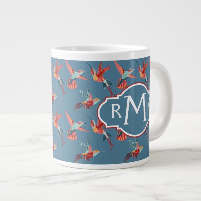 Retro Hummingbird Pattern | Monogram Large Coffee Mug (Front Right)