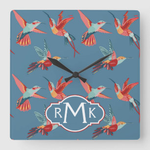 Retro Hummingbird Pattern   Monogram Square Wall Clock
