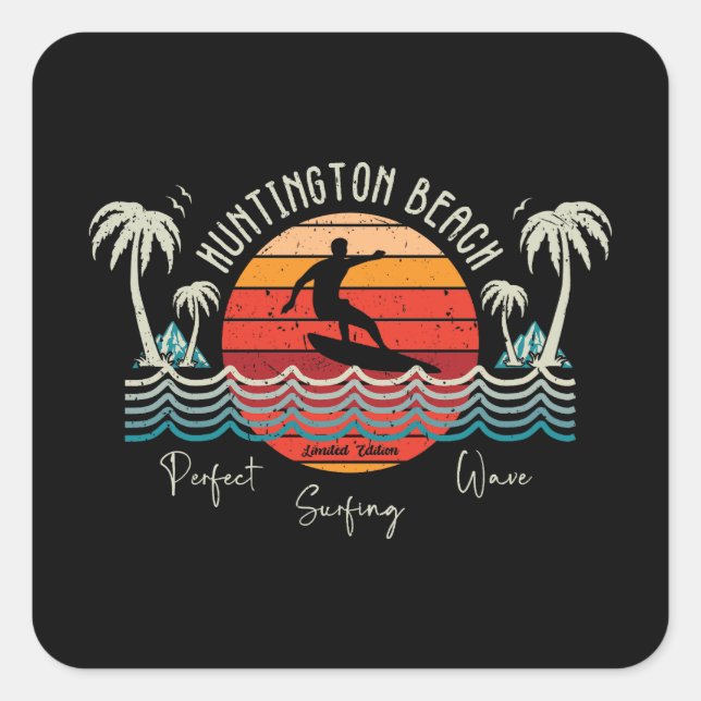 Retro Huntington Beach Surfing  Square Sticker (Front)