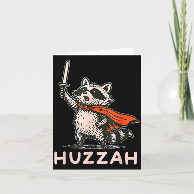 Retro Huzzah Raccoon Knight Funny Sword Meme Quote Card (Front)