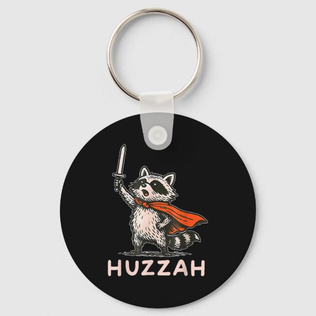 Retro Huzzah Raccoon Knight Funny Sword Meme Quote Key Ring (Front)