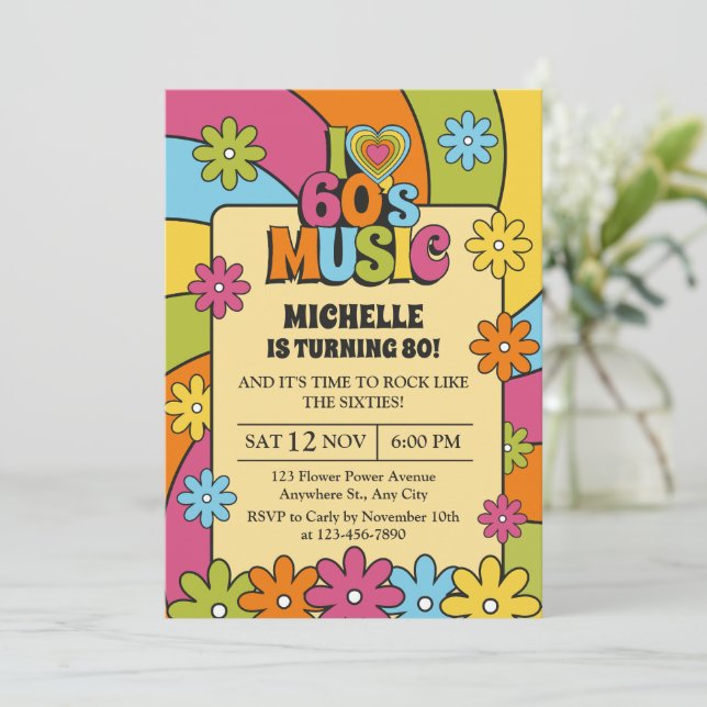 Retro I Love 60s Music 80th Birthday Party Invitation (Standing Front)