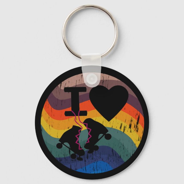 Retro I Love Roller Skating Distressed Look Key Ring (Front)