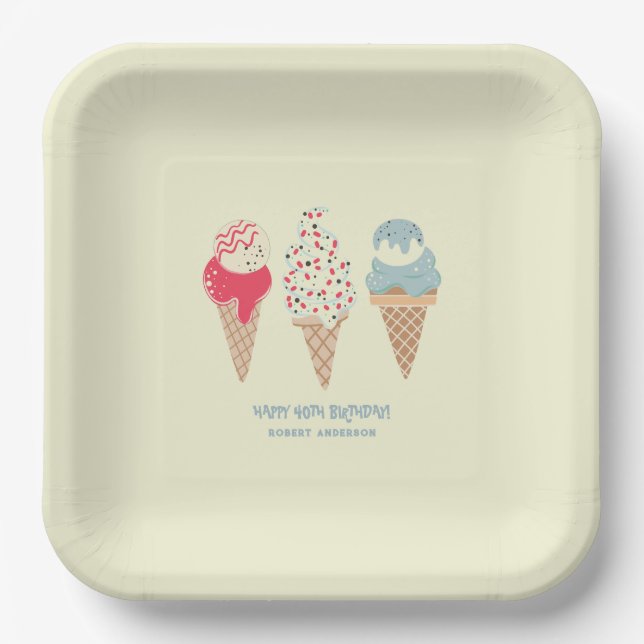 Retro Ice Cream Cone 40th Birthday Custom Paper Plate (Front)
