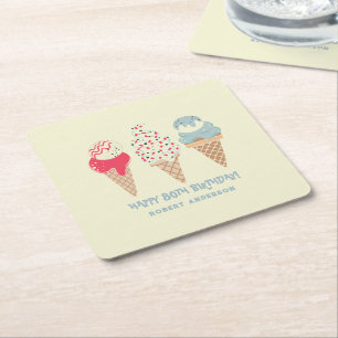 Retro Ice Cream Cone 80th Birthday Custom Square Paper Coaster