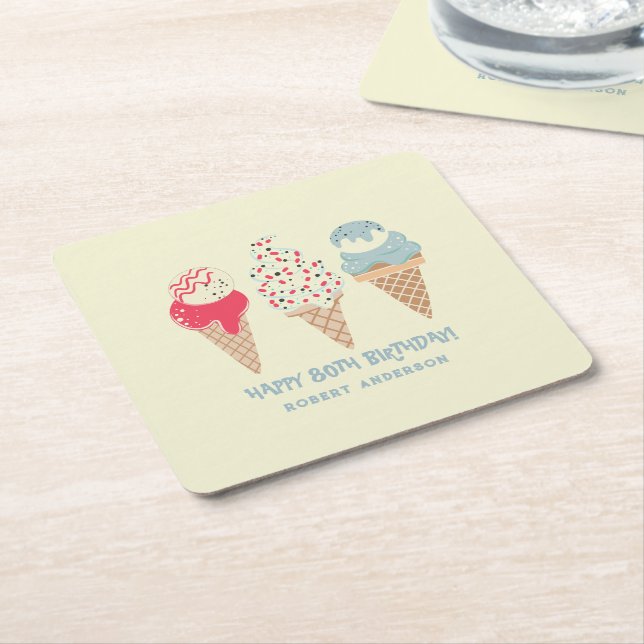 Retro Ice Cream Cone 80th Birthday Custom Square Paper Coaster (Angled)