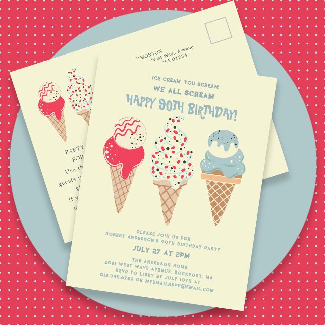 Retro Ice Cream Cone 90th Birthday Invitation Postcard (Creator Uploaded)