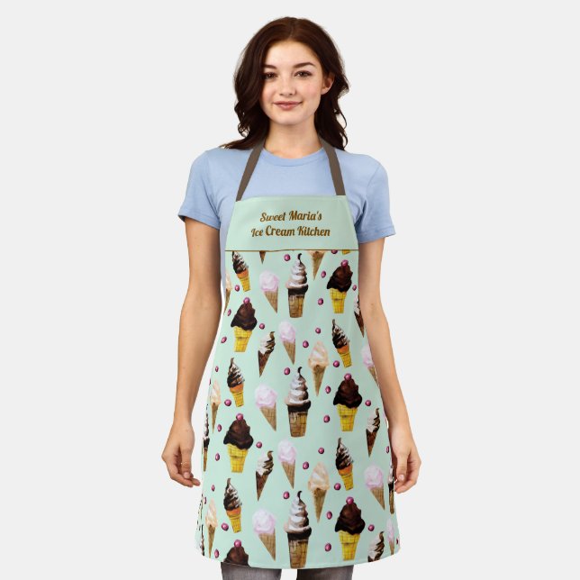 Retro Ice Cream Pastel Green Personalized Apron (Worn)