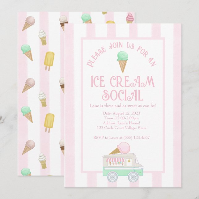 Retro Ice Cream Social Birthday Party Invitation (Front/Back)