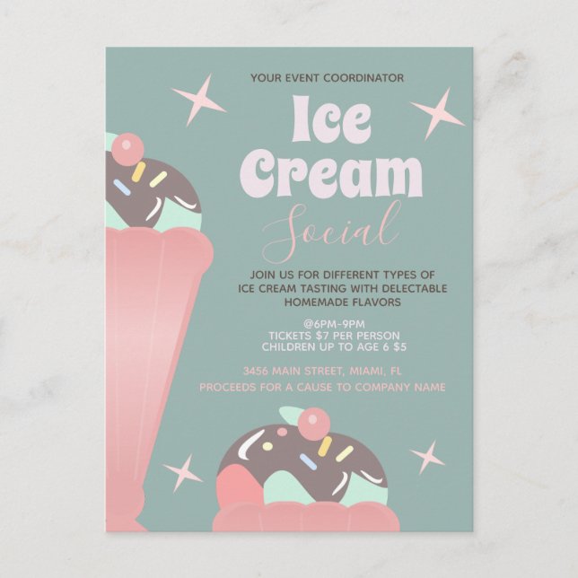Retro Ice Cream Social Sundae Flyer Invitation   Postcard (Front)