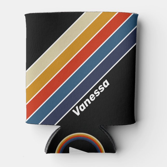 Retro Ice Rainbow Striped with Name Can Cooler (Front)