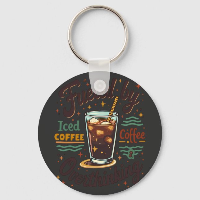 Retro Iced Coffee and Overthinking Funny Graphic Key Ring (Front)