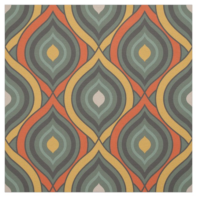 Retro Ikat Green Orange Gold Pattern Fabric (Swatch)