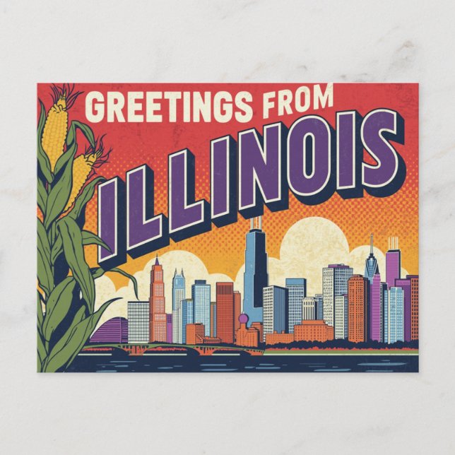 Retro Illinois Chicago Skyline Corn Greetings Postcard (Front)