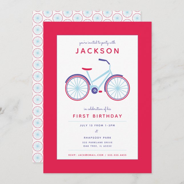 Retro Illustrated Bicycle in Red Birthday Invitation (Front/Back)