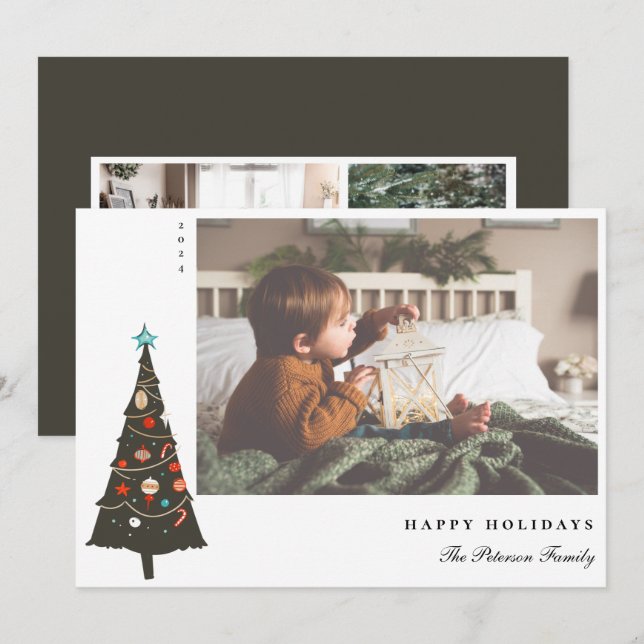 Retro Illustrated Christmas Tree Modern Holiday Card (Front/Back)