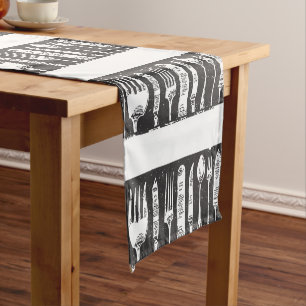 Retro Illustrated Cutlery Art Black and White Short Table Runner