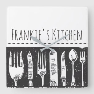 Retro Illustrated Cutlery Square Custom Text Wall Clock
