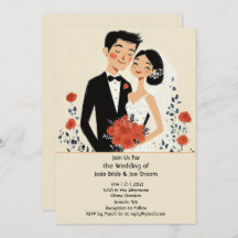 Retro illustrated happy couple wedding invitation