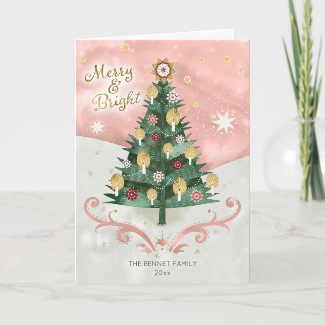 Retro Illustrated Tree Gold Folded Christmas Holiday Card (Front)