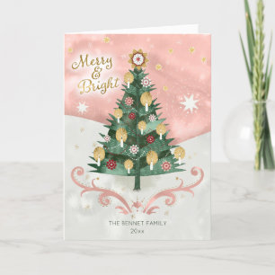Retro Illustrated Tree Gold Folded Christmas Holiday Card