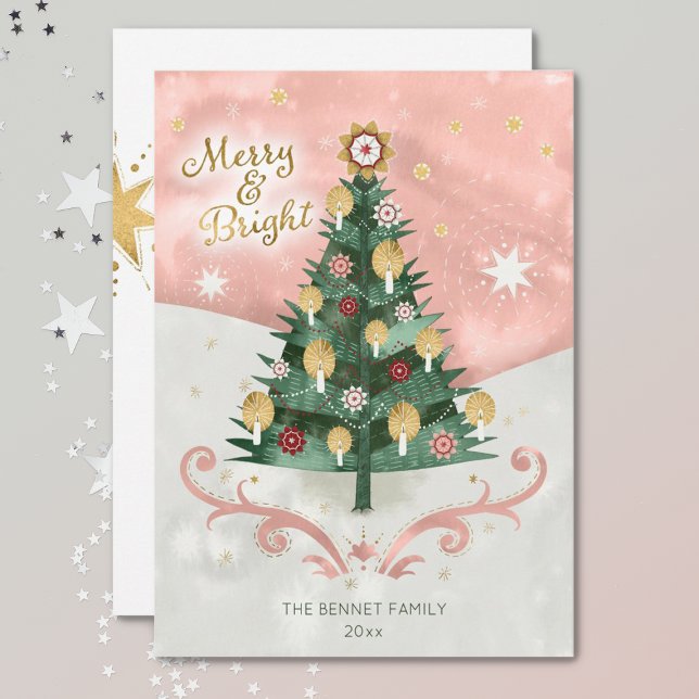 Retro Illustrated Tree Merry & Bright Christmas Holiday Card (Creator Uploaded)