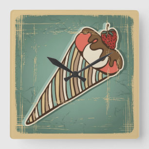 Retro Illustration of Ice Cream Square Wall Clock