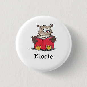 Retro Illustration owl with reading glasses & book 3 Cm Round Badge