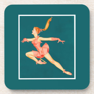 Retro Image of A Figure Skater In A Pink Outfit Coaster