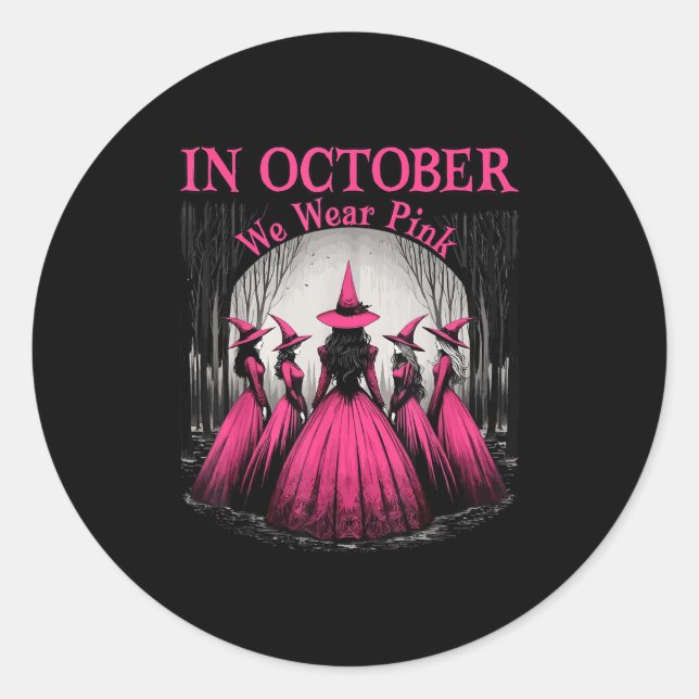 Retro In October We Wear Nk Witch Breast Cancer Aw Classic Round Sticker (Front)