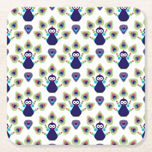 retro india exotic peacock square paper coaster (Front)