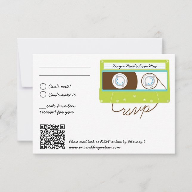 Retro Indie Mixtape Wedding Blue & Lime RSVP Card (Front)