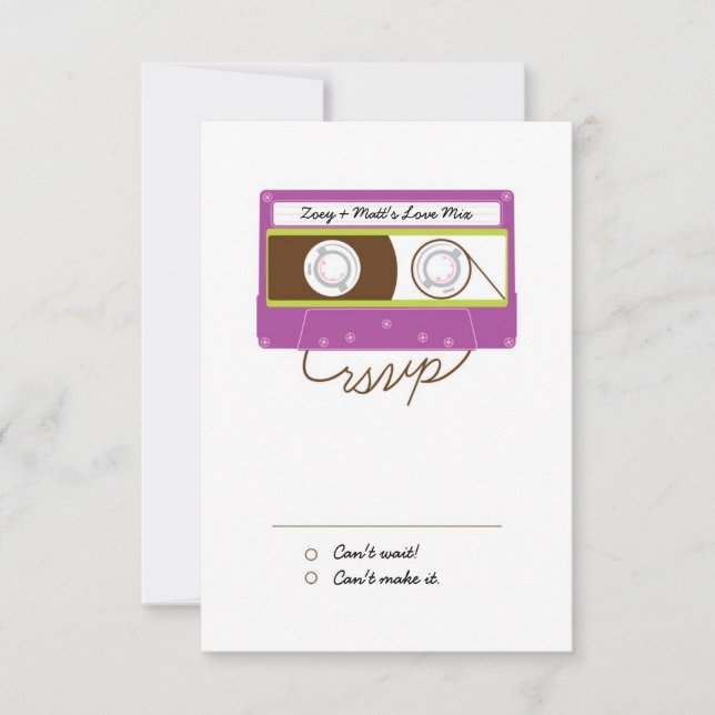 Retro Indie Mixtape Wedding (Purple/Lime) RSVP Card (Front)