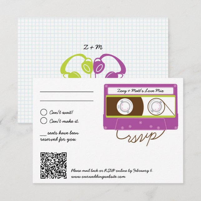Retro Indie Mixtape Wedding Purple & Lime RSVP Card (Front/Back)