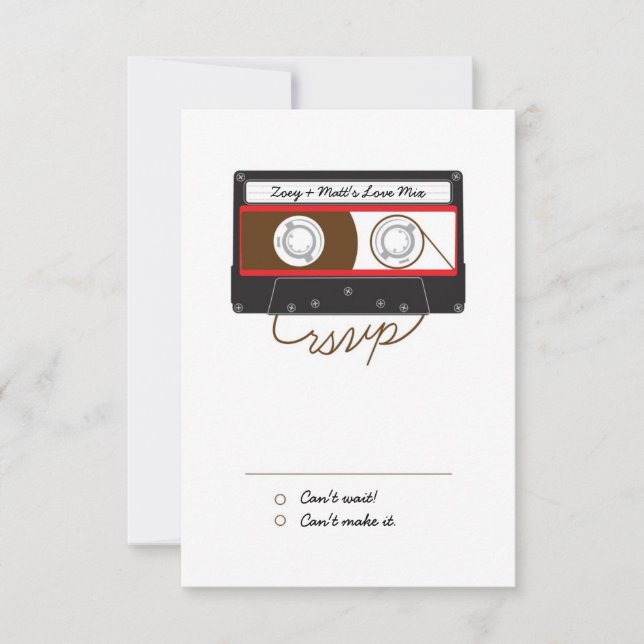 Retro Indie Mixtape Wedding Red, Black & White RSVP Card (Front)