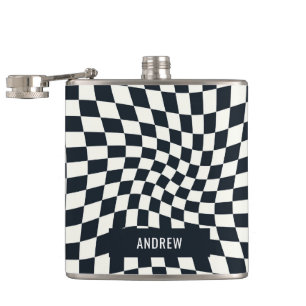 Retro Indigo White Chequered Personalised Hip Flask