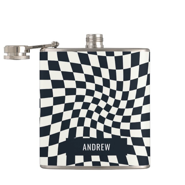 Retro Indigo White Chequered Personalised Hip Flask (Opened)