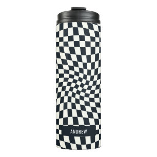 Retro Indigo White Chequered Personalised Thermal Tumbler