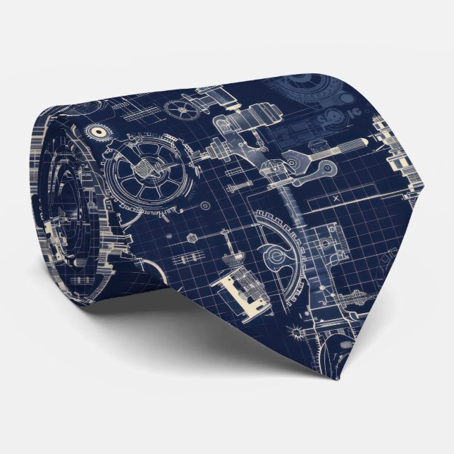 Retro Industrial Blue print Engineering Neck Tie (Rolled)