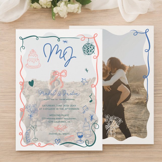 Retro initial handdrawn illustrated photos wedding invitation (Retro initial handdrawn illustrated photos wedding invitation)
