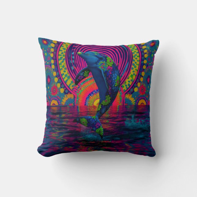 Retro Inspired Colourful Dolphin Cushion (Front)