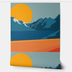 Retro-Inspired Mountain Art – Red and Blue Scenic  Wallpaper