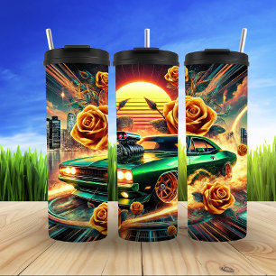 Retro-Inspired Muscle Car with Vibrant Floral Art Thermal Tumbler