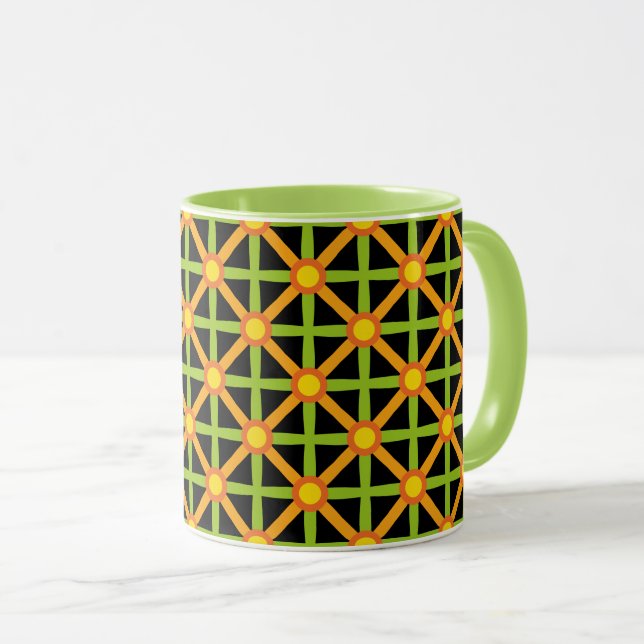Retro Inspired Orange Green & Yellow Pattern Mug (Front Right)