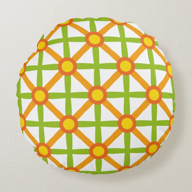 Retro Inspired Orange Green & Yellow Pattern Round Cushion (Front)
