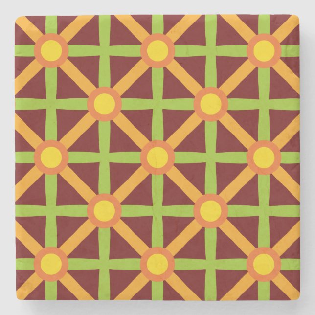 Retro Inspired Orange Green & Yellow Pattern Stone Coaster (Front)
