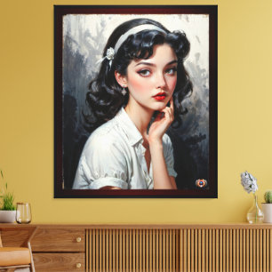Retro Inspired Portrait of Thoughtful Young Woman Canvas Print