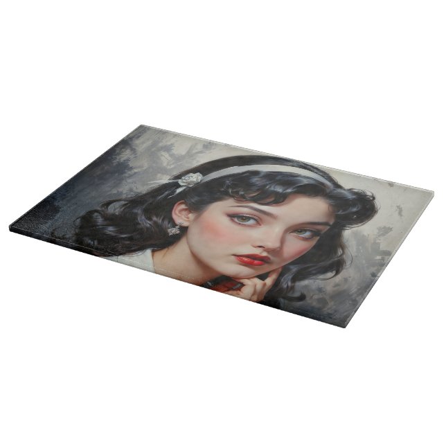 Retro Inspired Portrait of Thoughtful Young Woman Cutting Board (Corner)