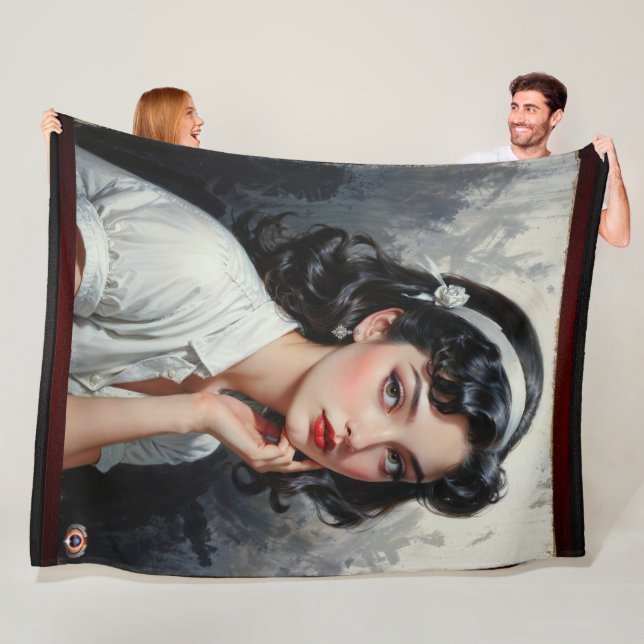 Retro Inspired Portrait of Thoughtful Young Woman Fleece Blanket (In Situ)